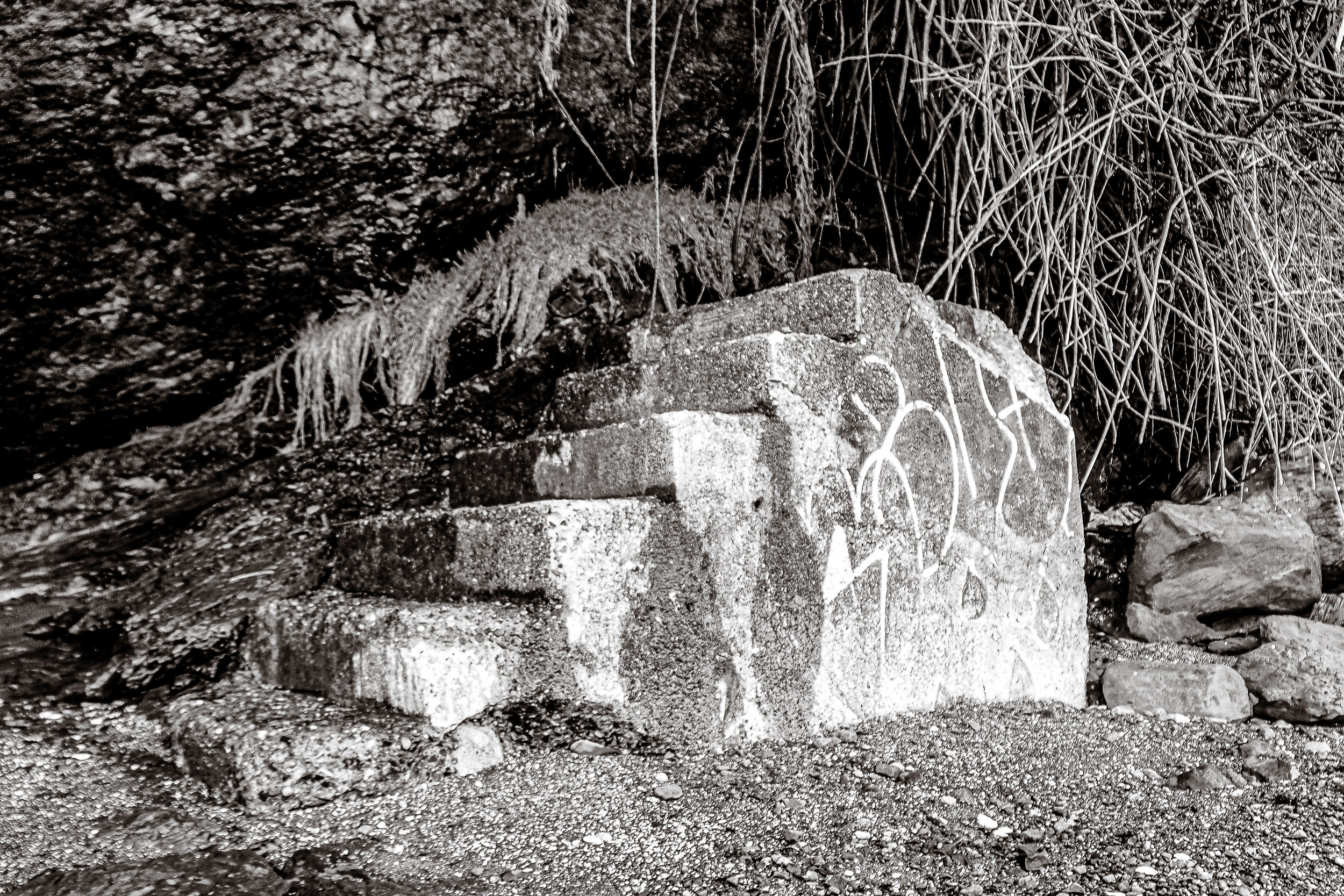 A short flight of worn concrete steps leads past a wall marked with graffiti.