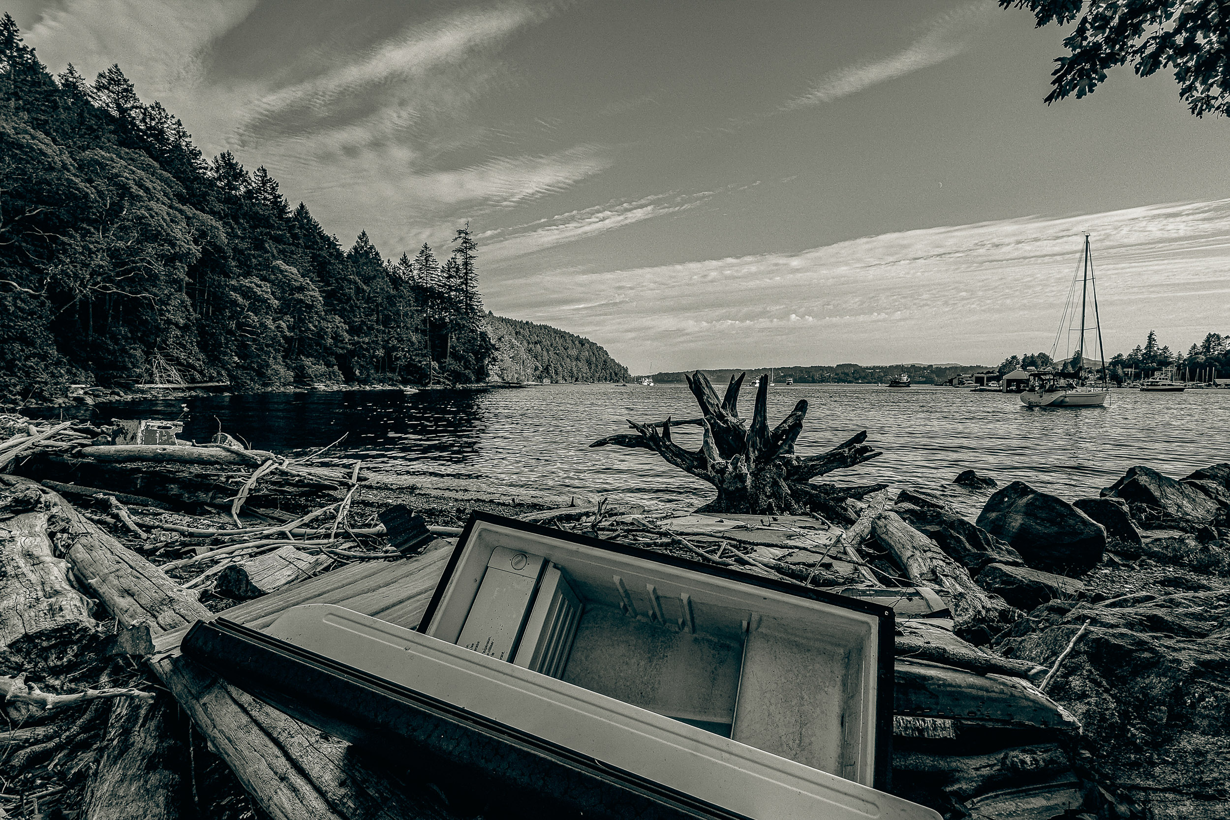 An abandoned fridge rests among driftwood on a rocky shore.