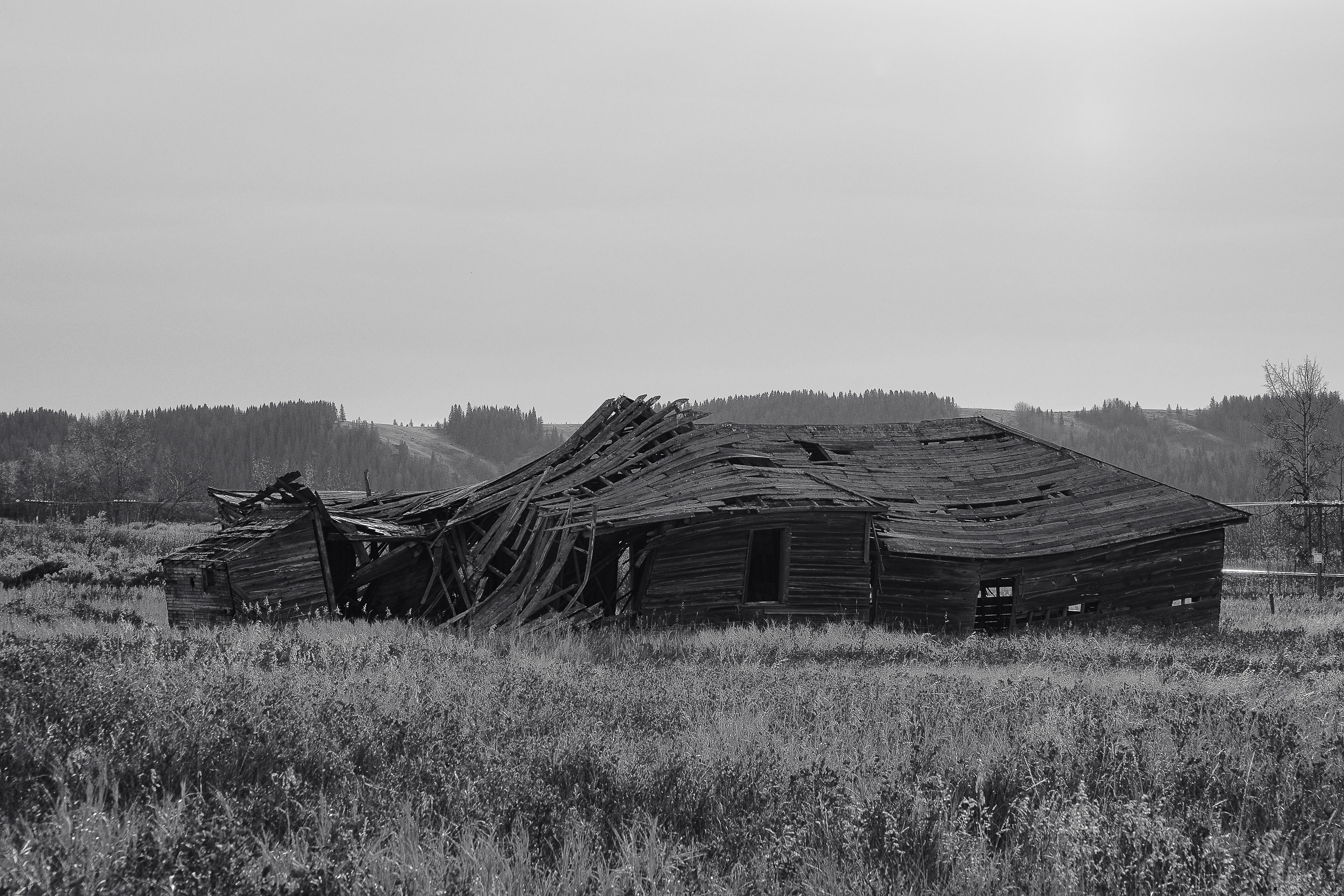 A weathered barn sags in an open field beneath a pale sky.