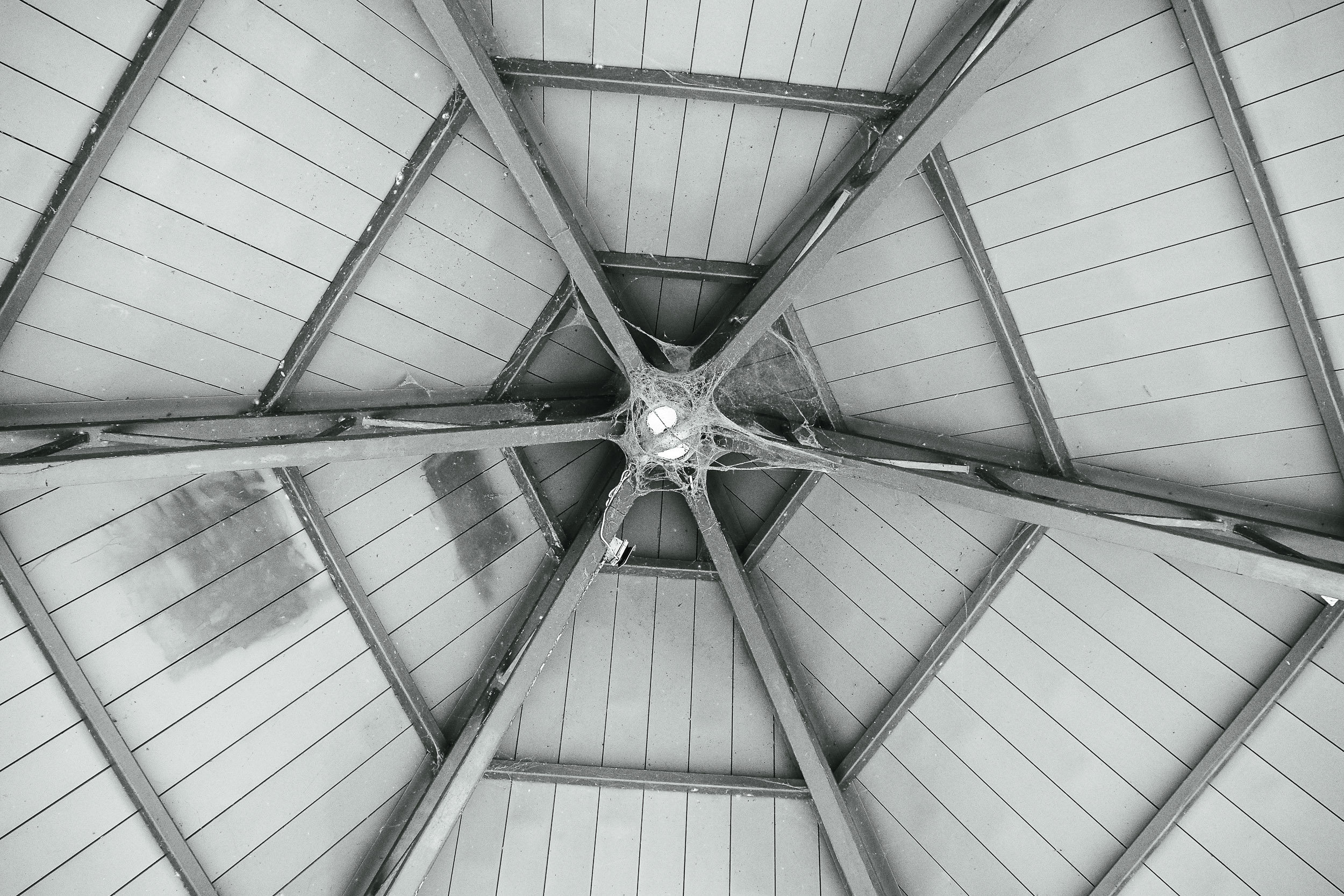 A symmetrical view looks up into the converging beams of a roof.