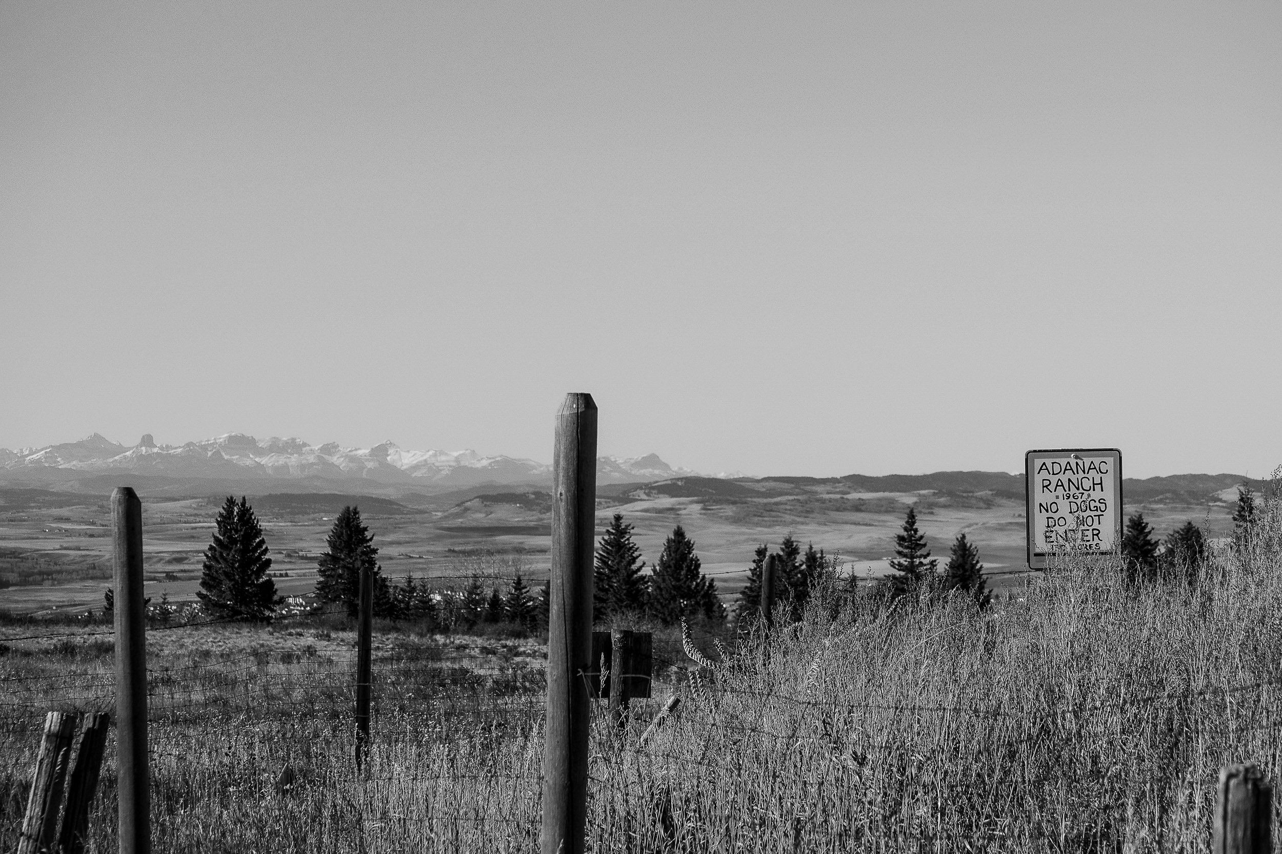 Fence posts and an old boundary sign sit above a broad valley.