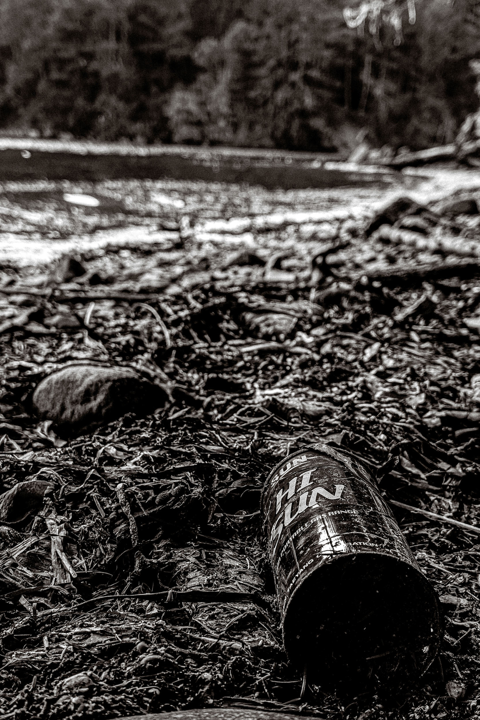 A dented can lies among twigs, leaves, and stones.